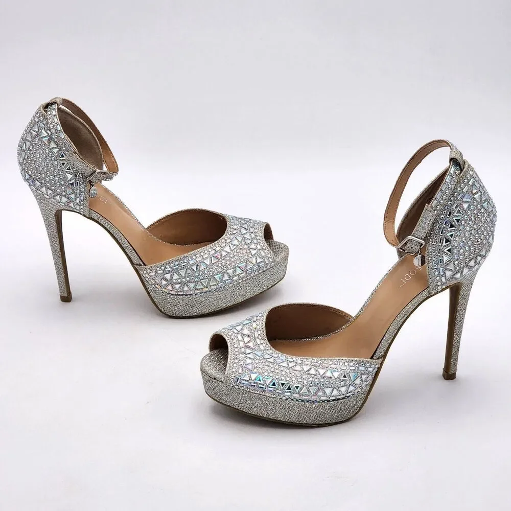 Thalia Sodi Chace Rhinestone Bling Peep Toe Platform Heels Glam Prom Size 8.5